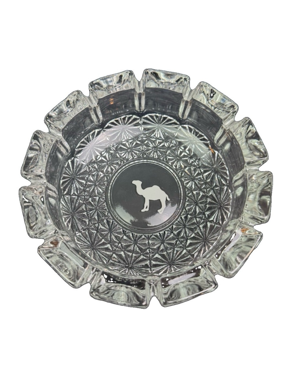 Vtg Camel Cigar Cigarettes MCM Glass Cut Ashtray Starburst Round Pattern 12Slots